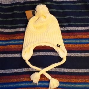 NWT white North Face Beenie with ties and pom